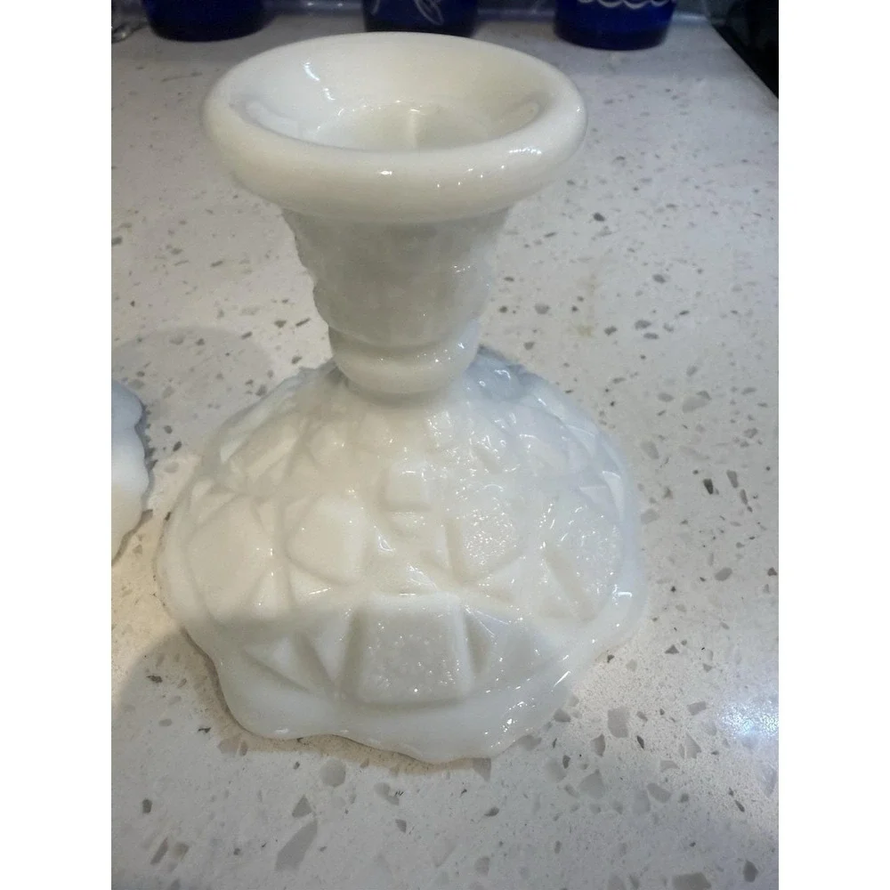 Westmoreland Milk Glass Old Quilt Pair Of  Candle Stick Holders Mid Century